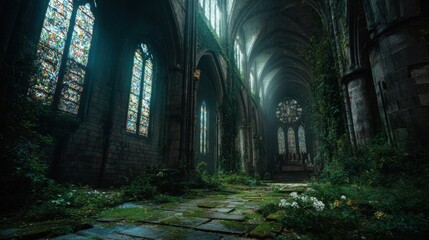 Obraz premium Overgrown abandoned cathedral interior with ivy-covered walls and scattered flowers illuminated by soft light perfect for fantasy exploration and mystical visuals 
