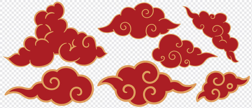 Chinese style clouds. Traditional korean clouds. Flat chinese or japanese red cloud silhouettes, decorative asian festival elements, oriental graphic decent vector set
