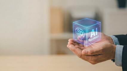 Ai planning generative cube hologram high tech level interface floating over hand