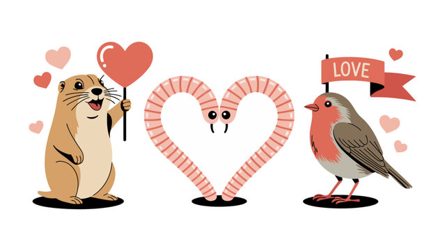 Love's Trio: An illustration depicts a charming scene of affection, featuring a prairie dog, a pair of worms in the shape of a heart, and a robin, all representing different facets of love.