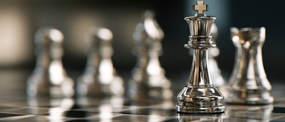 The King Chess Piece Standing Prominently on a Reflective Board with Blurred Pieces