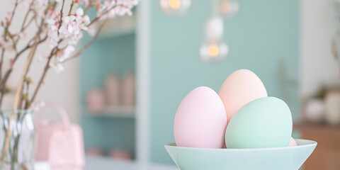 Pastel Easter eggs in bowl sit beside pink floral branch decoration.