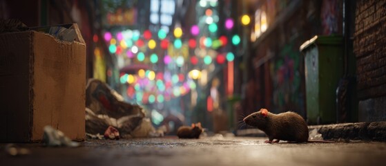 The Rat in Littered Alley Under Festive Colorful Bokeh Lights