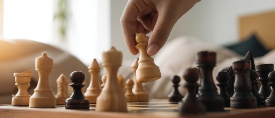The Chess Pieces in Action: Hand Moving a Pawn During Strategic Game Play