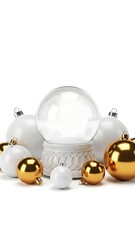 Empty Snow Globe with White and Gold Christmas Ornaments on White Background.