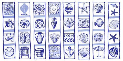 Blue and white nautical themed sketches displayed in a repeating vertical pattern © Sujal