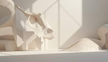 Minimalist abstract interior scene featuring sculptural architectural forms with soft curves and geometric shapes, illuminated by natural sunlight and gentle shadows. Neutral beige tones create a calm