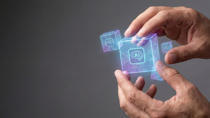 Obraz premium Generative ai high level planning concept with glowing hologram cube held by hands showing futuristic digital innovation and strategy focus