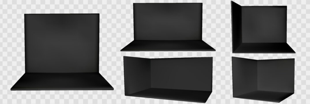 Booth set with black corner and 3d stand mockup wall for exhibition tradeshow. Empty square room with backdrop showroom display and office interior space. Blank pop up store area template vector