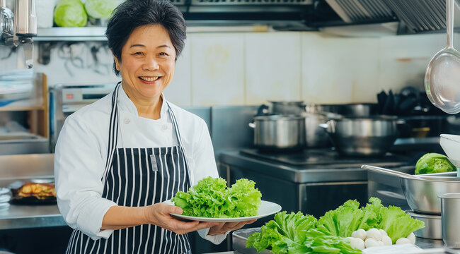 Senior female chef smiles while presenting plate of fresh green lettuce. - Powered by Adobe
