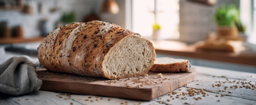 The loaf of multigrain bread on a rustic wooden cutting board in warm morning light - Powered by Adobe