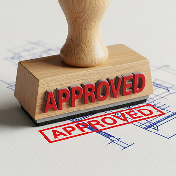 Official approval stamp with bold red 'APPROVED' mark on a blueprint, representing successful project validation, authorization, and acceptance process