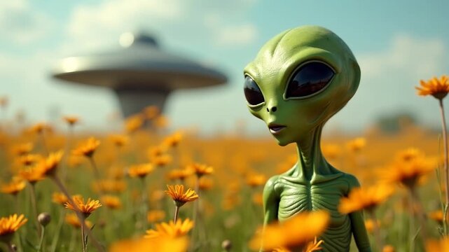 A charming green alien with large eyes stands amidst a vibrant field of yellow flowers, with a blurred UFO in the background. This whimsical scene evokes themes of extraterrestrial wonder.