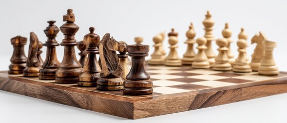 The chess set on wooden board with carved pieces in strategic arrangement
