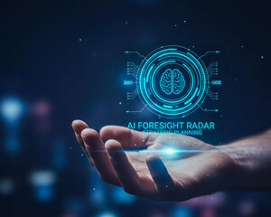 AI generative brain hologram above hand for high level planning future strategy