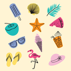 Doodle Style Summer Vector Isolated Elements Set