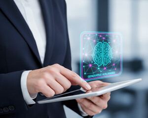 Generative ai high level planning concept with digital brain hologram glowing over tablet interface held by business person