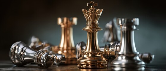 The King Chess Piece Dominates the Board Amidst Fallen Gold and Silver Opponents