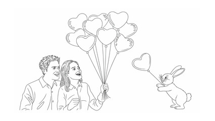 Love's Delicate Whispers: A heartwarming illustration captures a couple's delight as a whimsical rabbit offers them a bouquet of heart-shaped balloons, symbolizing affection and togetherness. 