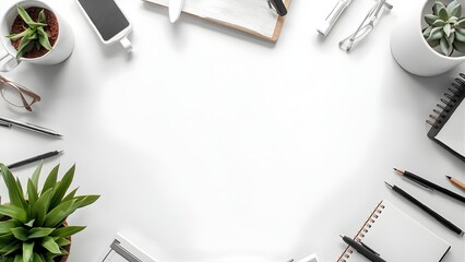 Aerial view of a minimalist workspace with office supplies and plants on a white background