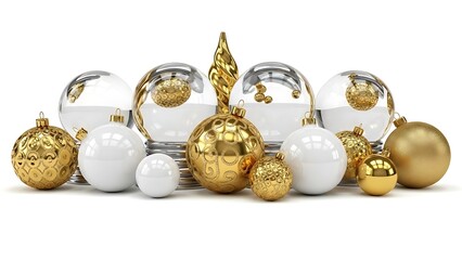 Elegant Gold and White Christmas Ornaments Collection on White Background.