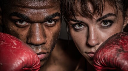 Intense boxing portrait of african male and caucasian female athletes with gloves
