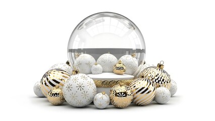 Elegant Christmas Snow Globe with Golden and White Ornaments.