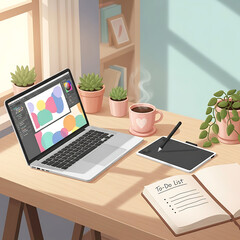 Fototapeta premium A warm and inviting home office scene featuring a laptop, a notebook for planning, a digital tablet, and several potted plants on a wooden desk bathed in natural sunlight.
