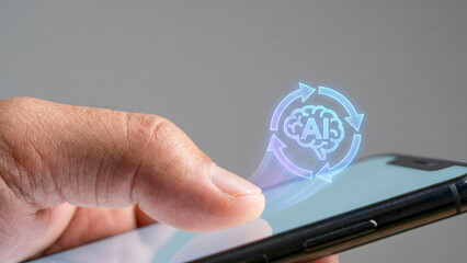 Generative ai high level planning concept digital interface glowing symbol above mobile screen