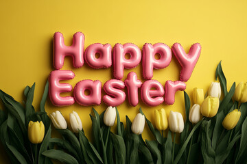 text "Happy Easter" made by pink inflatable letters on the yellow background with tulip flowers