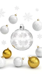 Elegant Christmas Ornaments with Snowflakes on White Background.