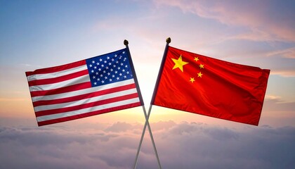 Fists painted with U.S. and China flags colliding over cracked gray surface symbolizing geopolitical rivalry