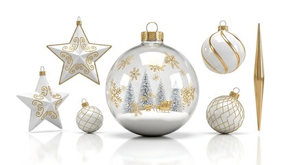 Elegant Christmas Ornaments Collection with Winter Scene and Festive Decorations.