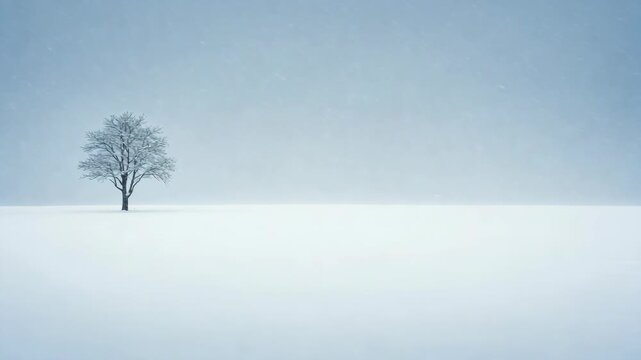 Lone Tree in a Snowy Field on a Cold Winter Day with Blue Sky a Minimalist Landscape Scene