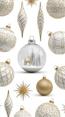 Elegant Christmas Ornaments Collection on White Background.