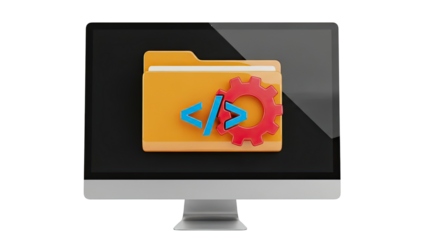 Computer Monitor Displaying Folder with Code and Gear Icons