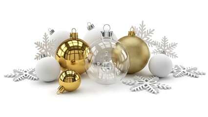 Elegant Christmas Ornaments and Snowflakes on White Background.