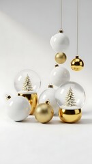 Elegant Christmas Ornaments and Snow Globes with Miniature Trees.