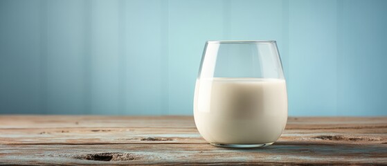 The Glass of Milk on Rustic Wooden Table with Soft Blue Background