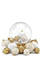 Elegant Christmas Ornaments and Snow Globe Arrangement on White Background.