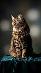 Elegant cat with striped fur posing on velvet cloth under soft lighting