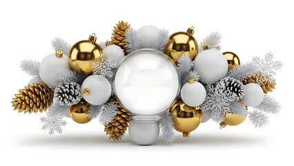 Elegant Christmas Decoration with Snow Globe, Golden Ornaments, and White Pine Branches.
