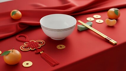 Elegant bowl and decorative elements on red cloth for cultural symbolism