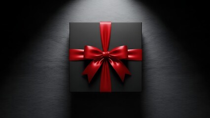 Elegant black gift box with red ribbon on dark background
