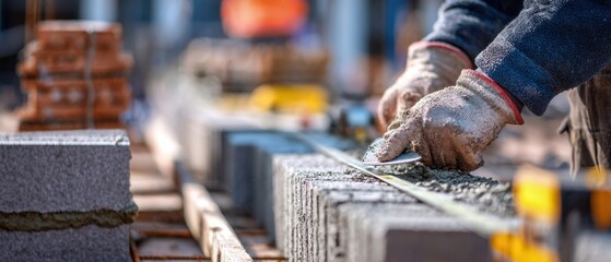 The mason measuring and aligning concrete cinder blocks during outdoor construction work