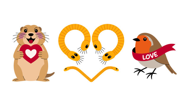 Adorable Valentines Day Illustration: A charming assortment of Valentine's Day characters, including a cheerful groundhog holding a heart, a whimsical pretzel heart.