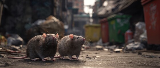 The Rats in a Gritty Urban Alleyway Among Trash and Overflowing Garbage Bins