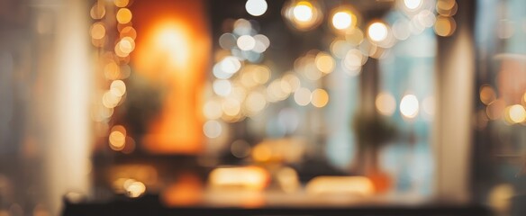 The cafe interior blurred with warm bokeh lights creating a cozy evening atmosphere