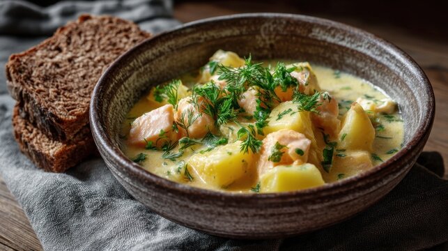Creamy salmon and potato chowder with fresh dill and rye bread