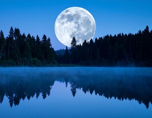 Large moon over silhouetted trees with its reflection on the misty lake